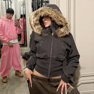 2025 New Autumn Winter Hooded Jackets Fashion Women Long Sleeve Slim Y2K Zipper Vintage Coats High Street Fleece Pocket Outwear