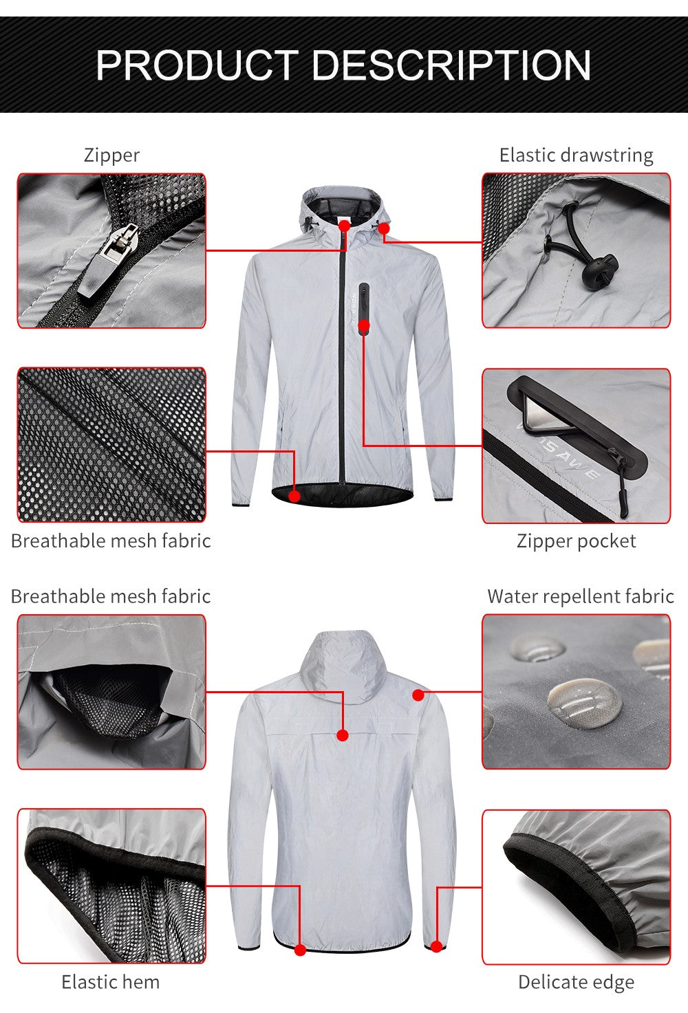 WOSAWE Full Reflective Jacket with Hoodie High Visibility Waterproof Wind Breaker Men Women Hiking Cycling Running Safety Vest