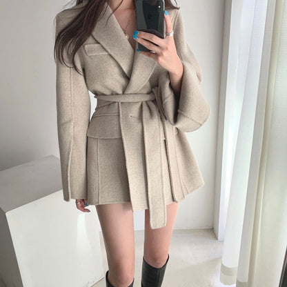 Retro Chic Autumn Winter Woolen Coat One Button Long Sve Suit Collar Waist Cinched Side Slit Warm Knitwear for Women