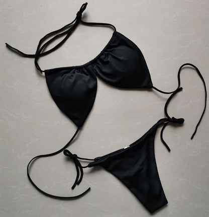 Summer Sexy Bikini set Push-up padded Bra Thong Split Swimwear Female Bandage Bathing Suit Adjustable Lacing Swimsuit Solid