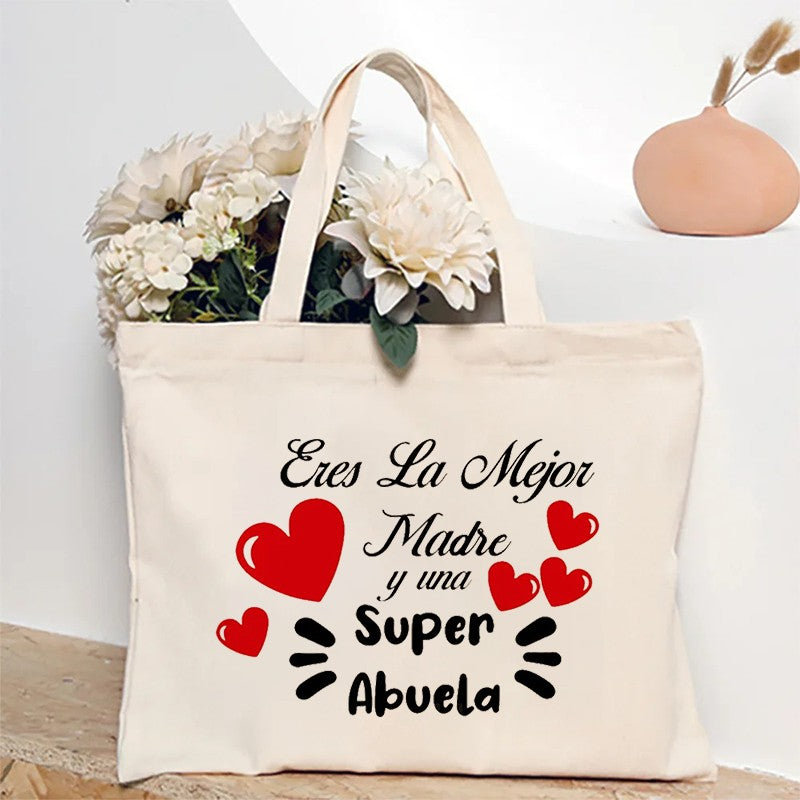 Spanish Abuela Quote Tote Bag Vibrant Shoulder Handbag with Heart Ribbon Design Perfect for Mother’s Day & Grandma Appreciation