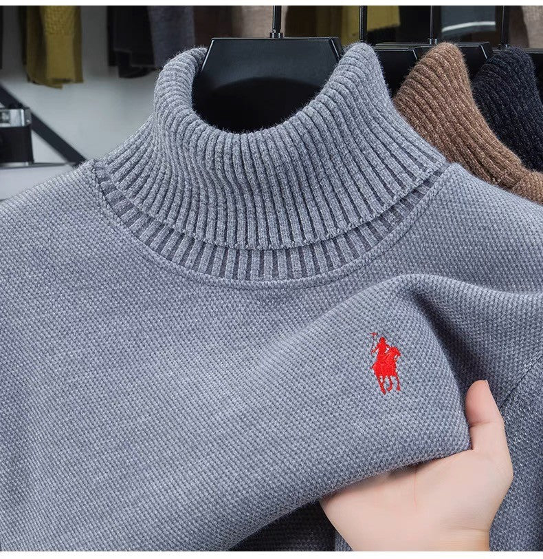 High end brand velvet sweater men's new fashion designer exquisite pony embroidery winter thick warm high neck knitted pullover