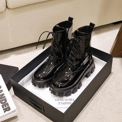 Women Boots Patent Leather Platform Shoes Brand Ankle Fashion High Heel Boots Women Autumn Winter Warm Platform Boots Black Red