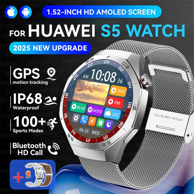 Smartwatch GUHUAVMI GT5 Pro 2025 Masculino com Tela HD AMOLED, GPS, Monitor de Trajetória de Movimento, Frequência Cardíaca, Chamada Bluetooth e 1.52", IP68