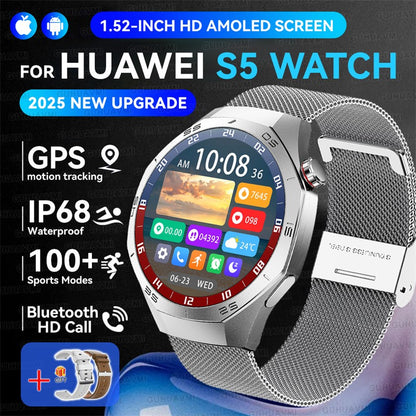 Smartwatch GUHUAVMI GT5 Pro 2025 Masculino com Tela HD AMOLED, GPS, Monitor de Trajetória de Movimento, Frequência Cardíaca, Chamada Bluetooth e 1.52", IP68