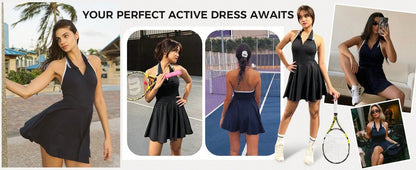 Fisoow Women's Tennis Skirt with Built in Shorts and Bra, Summer Backless Hanging Neck V-neck Yoga Golf Exercise Mini Dress