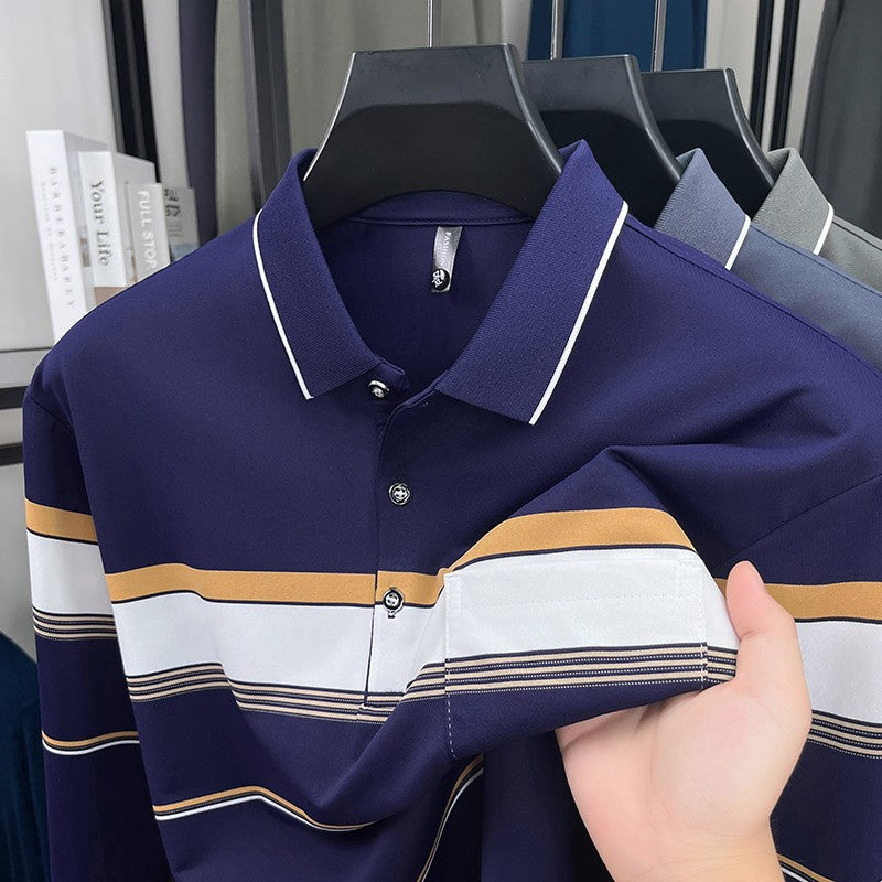 High quality stripe men's long sleeve polo shirt fashion luxury pocket middle-aged business casual color blocked comfort T-shirt