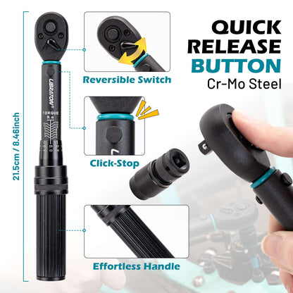 Chave Torquímetro para Bicicleta 21 Peças 1/4" 2-14Nm, Conjunto de Chaves de Torque para Bicicleta com Soquetes, Chave de Soquete e Bits de Impacto para Reparo de Bicicletas e Motocicletas