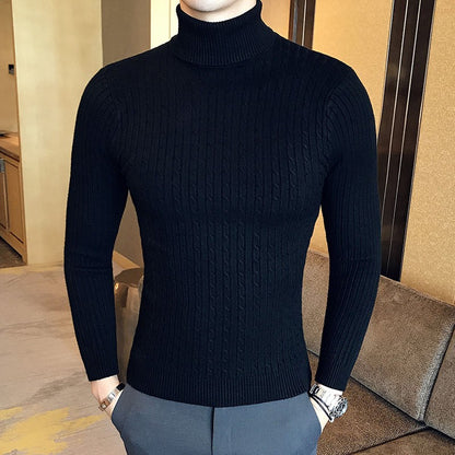 Autumn and Winter Men's Sweater Thin Elastic Fine Knitted Warm Top Versatile High Neck Solid Color Tight Fitting Pullover Top