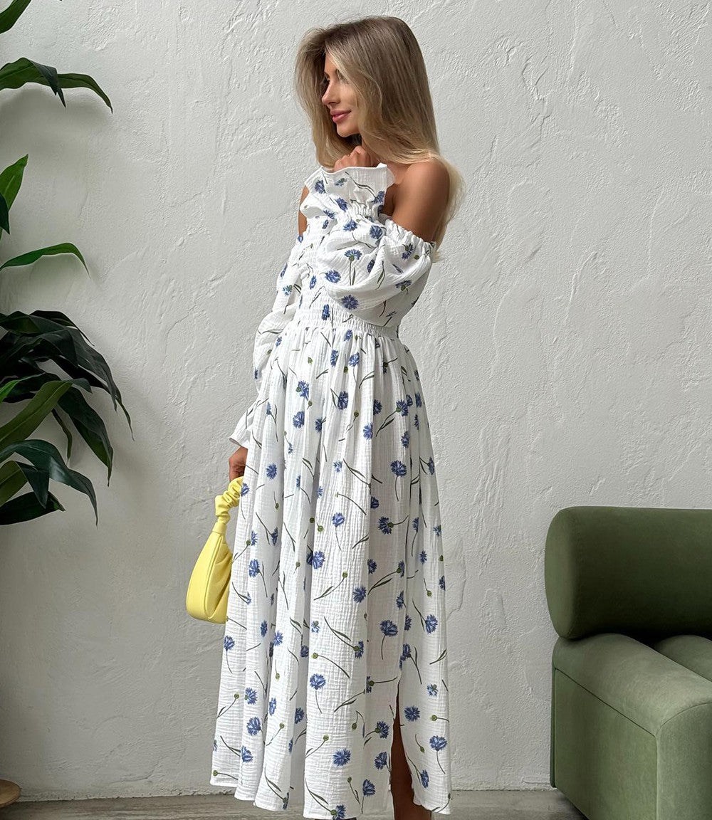 Women's Summer Cotton Dress 100% Elegant Ruffle Midi Floral Print Dress with Sid
