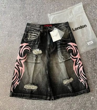 Goth Print Silk Jeans Men Shorts Street Harajuku Hiphop Vintage High Waited Denim Shorts of Men Clothing Casual Loose Pants Mens