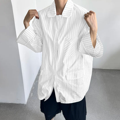 INCERUN Men Striped Shirt Lapel 3/4 Sleeve Oversize Casual Men Clothing Streetwear Korean Style Loose Fashion Tops Male Shirts