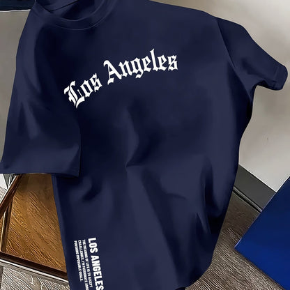 Men's Summer 100% Cotton Fashion Los Angeles Letter Printed Loose Large Casual Comfortable Round Neck Short Sleeve T-shirt Top