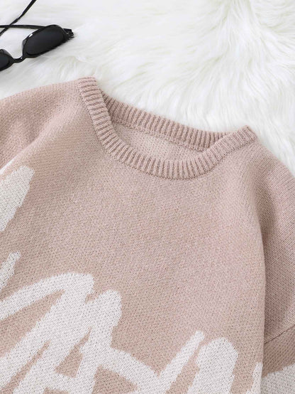 New Popular Spring Autumn Graffiti Jacquard Pattern Pullover Sweater Casual Round Neck Contrast Color Knitted Men's Pullover