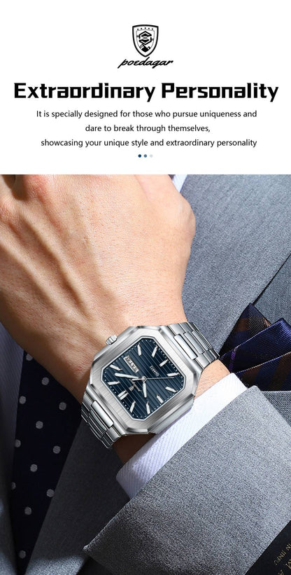 POEDAGAR Square Fashion Man Wristwatch Waterproof Luminous Date Week Quartz Men's Watches Stainless Steel Luxury Men Watch Reloj
