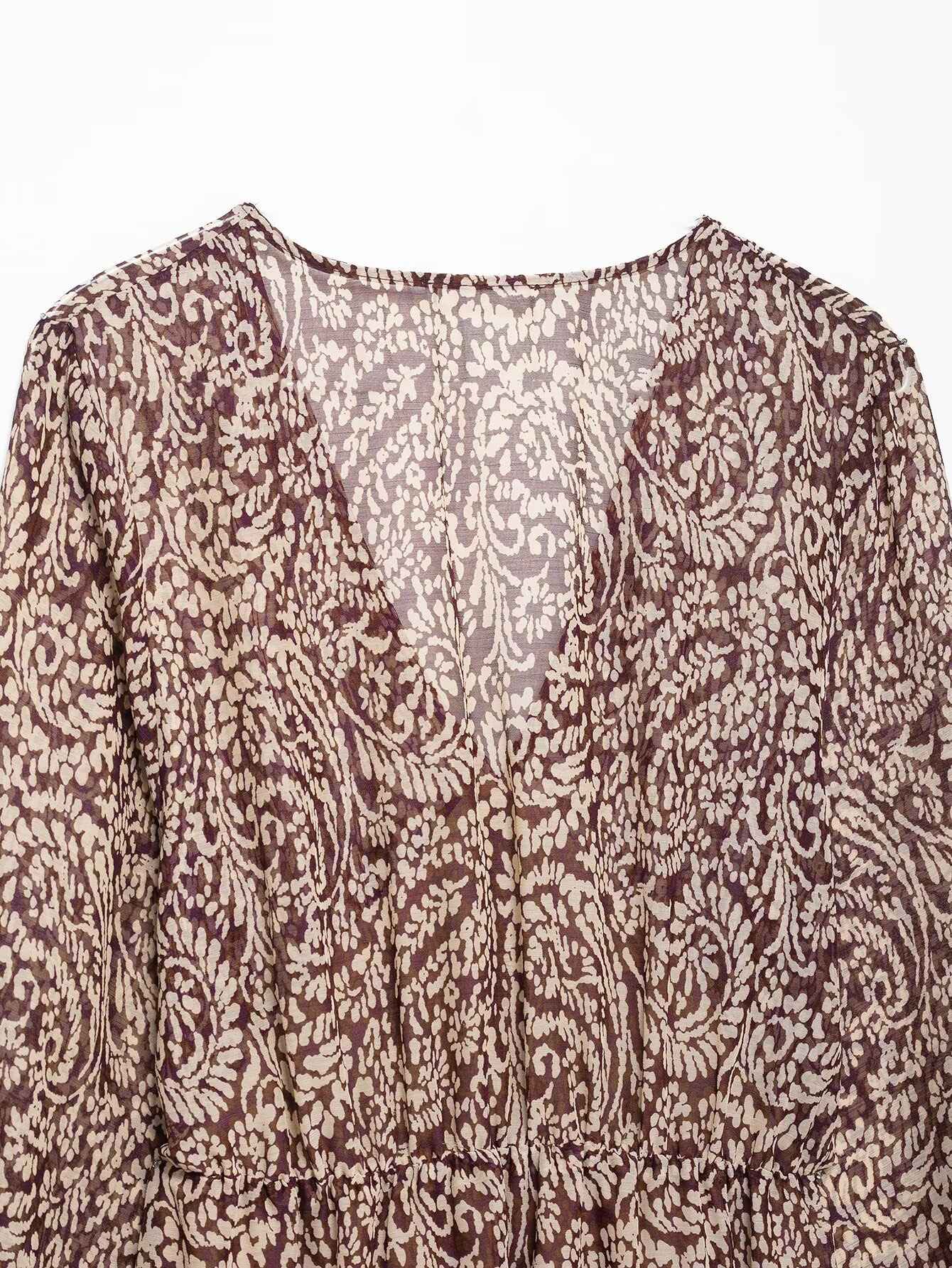 2025 Spring New Product Women's Stacked Decorative Printed V-neck Midi Dress Fas