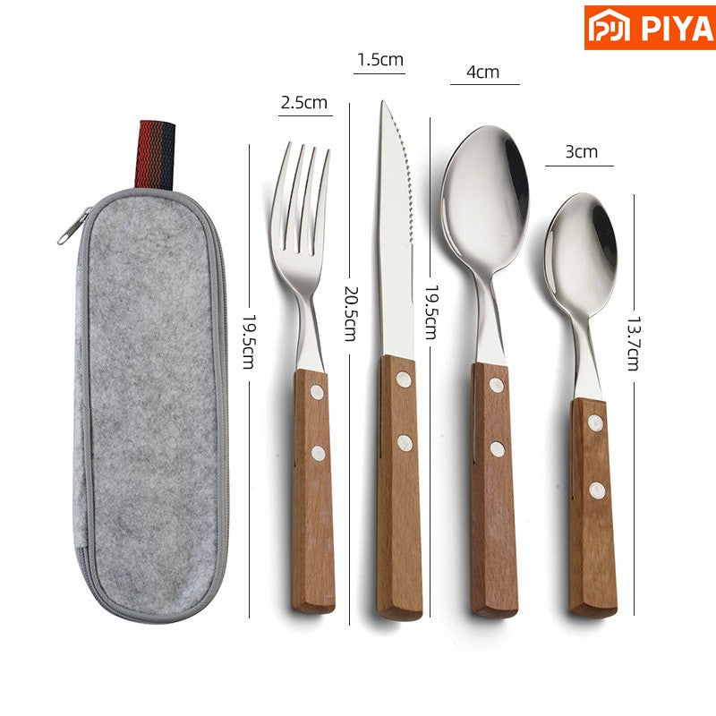 Utensílios de viagem de aço inoxidável com estojo Saudáveis e ecológicos Garfo e colher de tamanho normal Conjunto de talheres portáteis com bolsa de armazenamento