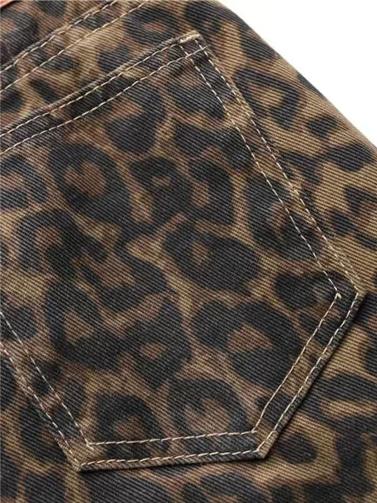 American vintage leopard print jeans female autumn winter new design sense small straight tube overalls casual pants
