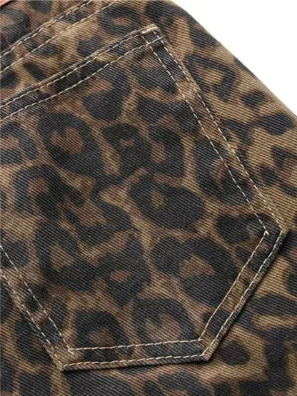 American vintage leopard print jeans female autumn winter new design sense small straight tube overalls casual pants