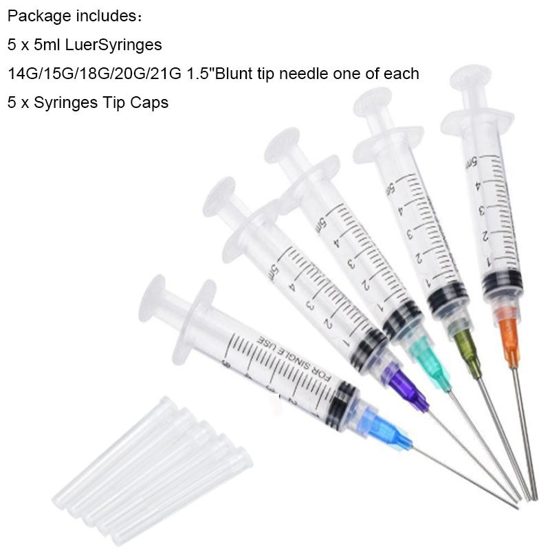Seringa Luer de 1/3/5/10ML com Agulha de Ponta Romba de 14-25Ga 1,5" e Conjunto de Tampa de Agulhas de Distribuição de Aço Inoxidável para Mistura de Líquidos