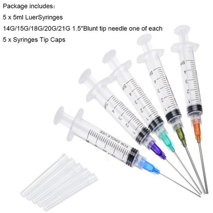 Seringa Luer de 1/3/5/10ML com Agulha de Ponta Romba de 14-25Ga 1,5" e Conjunto de Tampa de Agulhas de Distribuição de Aço Inoxidável para Mistura de Líquidos
