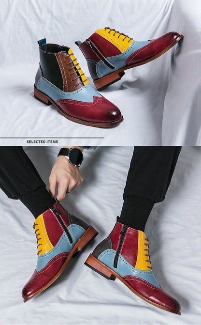 Luxury Fashion Men Leather Boots Flats British Style Sharp Pointed Color Matching Men Shoes Mens Slip-on Outdoor Flats Size 48