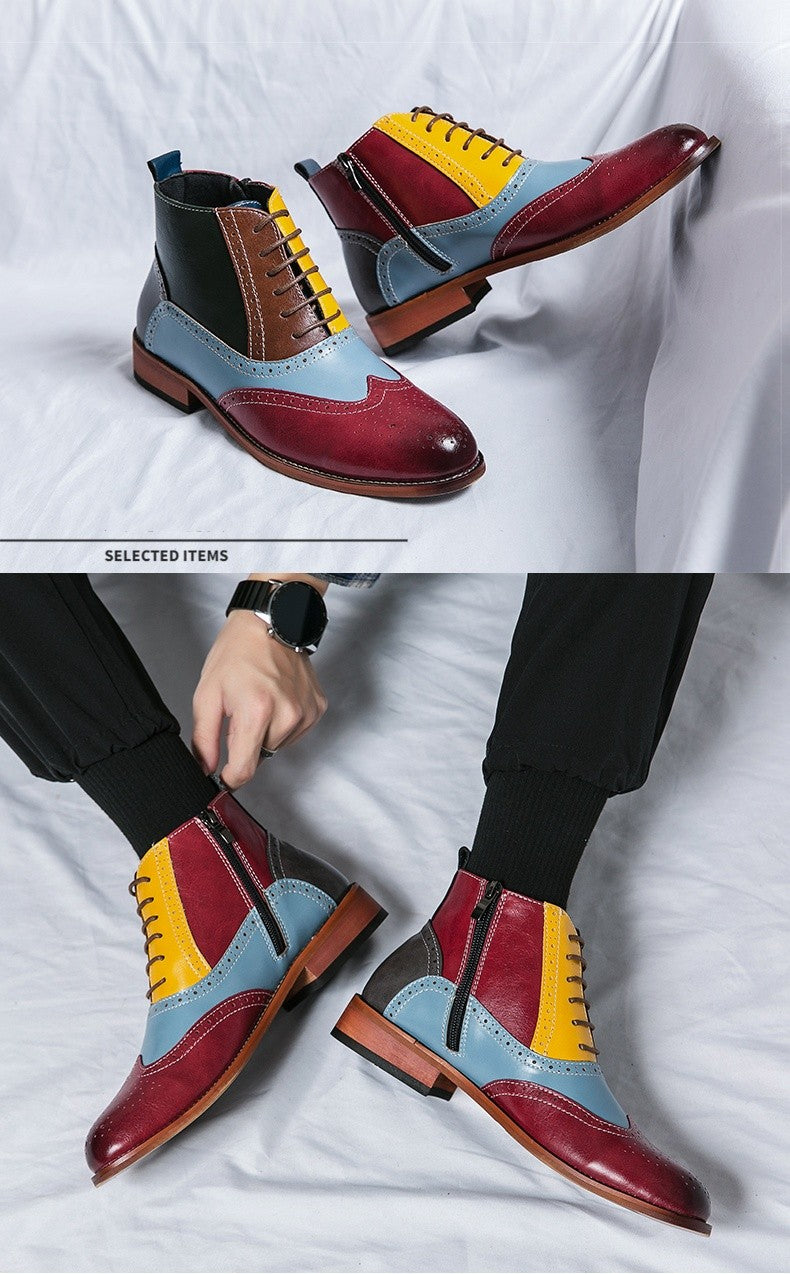 Luxury Fashion Men Leather Boots Flats British Style Sharp Pointed Color Matching Men Shoes Mens Slip-on Outdoor Flats Size 48
