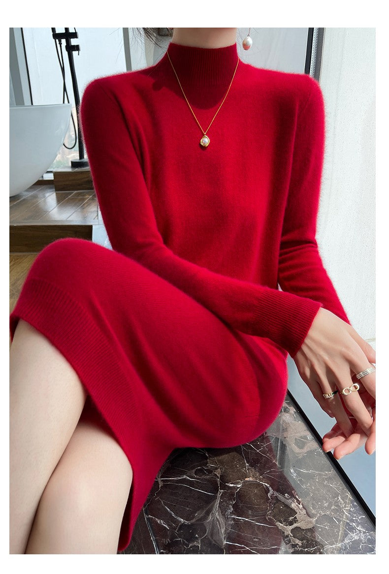 Autumn And Winter 100% Pure Wool Ladies Long Sweater Skirt Semi-High Collar Cashmere Dress Large Knit Bottoming Skirt