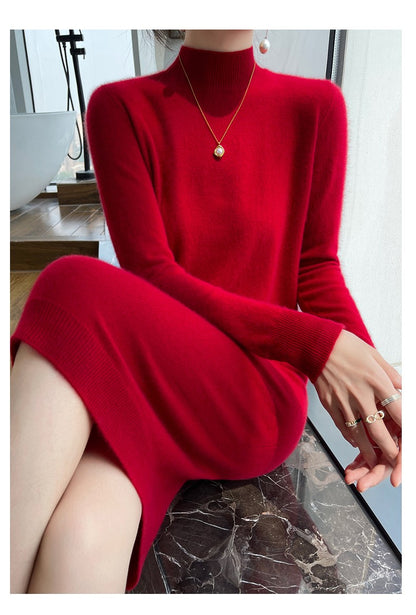 Autumn And Winter 100% Pure Wool Ladies Long Sweater Skirt Semi-High Collar Cashmere Dress Large Knit Bottoming Skirt