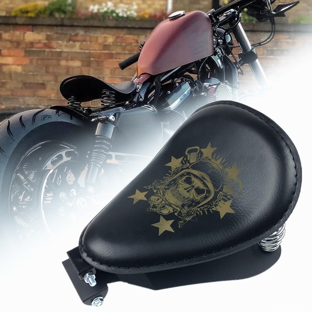 Assento Individual de Couro Retrô Marrom/Preto Caveira para Motocicleta + Suporte de Mola de 3" para Harley Custom Chopper Bobber Assento de Selim de Couro
