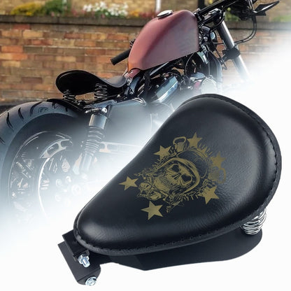 Assento Individual de Couro Retrô Marrom/Preto Caveira para Motocicleta + Suporte de Mola de 3" para Harley Custom Chopper Bobber Assento de Selim de Couro