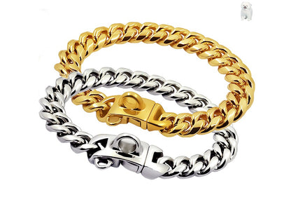 Coleira de Metal para Cães Aço Inoxidável Choker para Pets Corrente Cubana Dourada 14mm de Largura Guia para Cães Pequenos, Médios e Grandes Acessórios para Pets