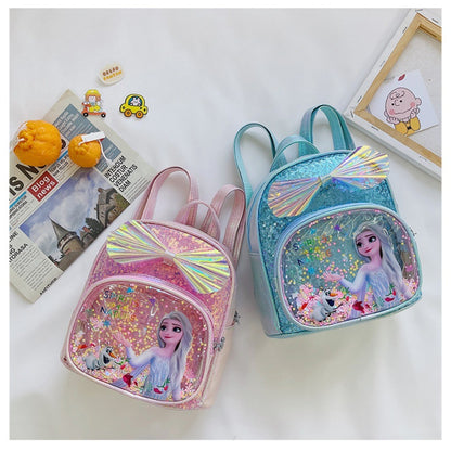 Mochila Mini de Glitter Princesa Elsa de Frozen da Disney, Linda com Laço de Lantejoulas, Bolsa Escolar de Jardim de Infância para Meninas, Desenho Animado Infantil, Mochila de Ombro Duplo