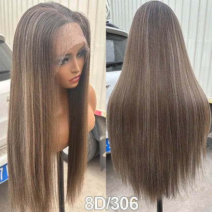 Perucas Frontais de Renda Reta de 30 polegadas 13X4 Castanho Claro P12/24 Ombre Coloridas Pré-selecionadas Macias Naturais de Alta Temperatura para Cosplay