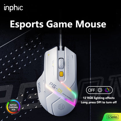 Mouse Inphic PG1 com Fio para Escritório/Jogos com 12 Efeitos de Iluminação RGB e 12800DPI, Adequado para Desktops e Laptops