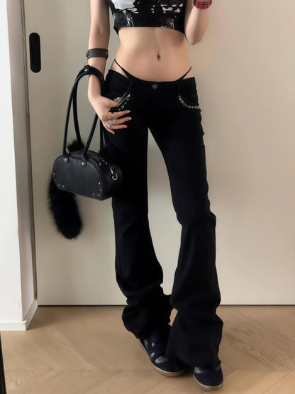Women's Low Rise Jeans Black Flared Denim Pants Gyaru American Retro Korean Cyber Punk Trumpet Jeans Y2k Skinny Bell Bottom New