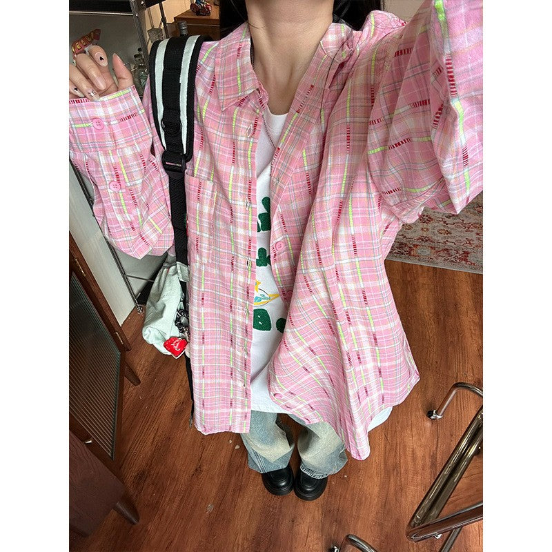 Ice Blue Plaid Long Sleeve Shirt Unisex Premium Cleanfit Denim Fabric V-neck Open Cardigan Style Holiday Vibes Short Length