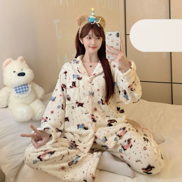 Winter Pajamas Lapel Neck Women's Pajamas Long Sleeve Kawaii Dog Warm Sleepwear Harajuku Style Cute Casual Pajamas Two-Piece