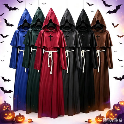 Retro Priest Robe Halloween Cosplay Costume Wizard Fancy Punk Cloak Mask Medieval Monk Robe Hooded Monk Cowl