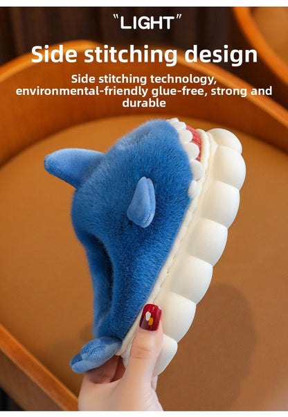 Winter Heel Wrap Cotton Children's Slippers Cute Cartoon Shark Non-slip Soft Sole Kids Boys Girls Junior Warm Plush Home Shoes