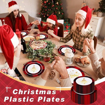 Conjunto de 100 Pratos de Plástico de Natal para Convidados 50 x 7.5 Sobremesa Descartável 50 x 10.25 Pratos de Natal Árvore de Natal Servir Jantar