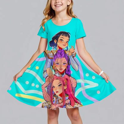 Summer Fashion Polyester Lightweight Cartoon Cute Huntrix Kpop Demon Hunters Printed Girl's Dress Short Sleeved Princess Dress