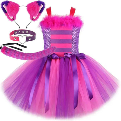THEEPER Halloween Cheshire Cat Style Costume Tutu Dress for Girls, Animal Fancy Outfit Set for Halloween Carnival Birthday Party
