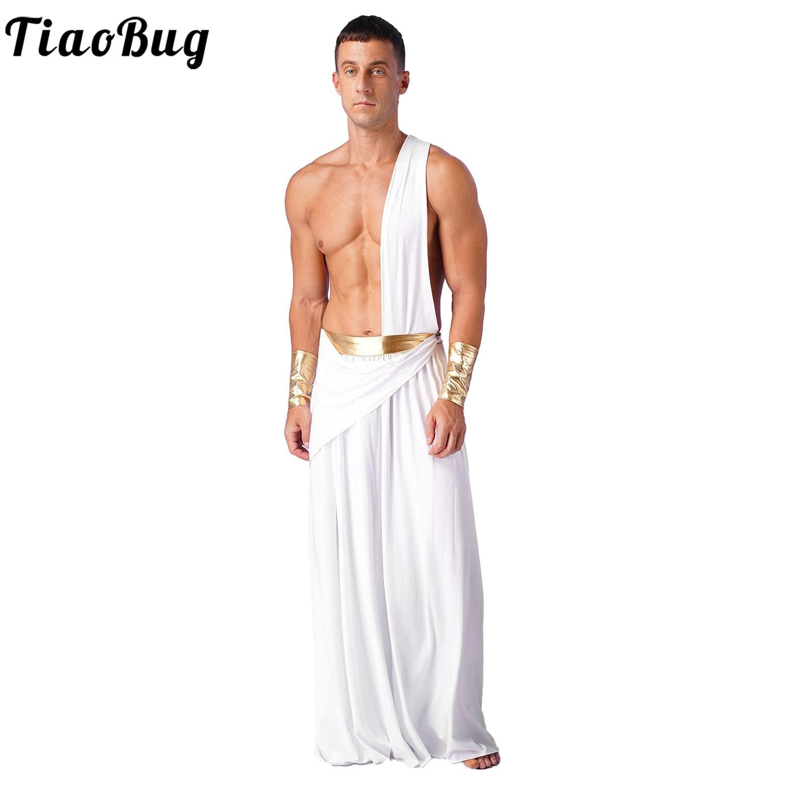 Mens Ancient Greek God Toga Gladiator Costume Roman Emperor One Shoulder Sleeveless Robe Halloween Medieval Warrior Dress Up