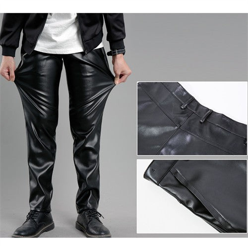 Men's High Waist Stretch Leather Pants, Windproof Straight Biker PU Pants, Warm Winter Trousers, New Fashion, 29-42