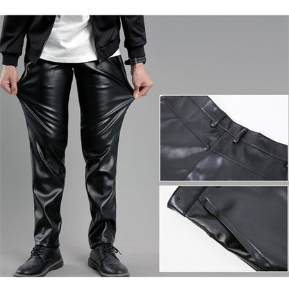 Men's High Waist Stretch Leather Pants, Windproof Straight Biker PU Pants, Warm Winter Trousers, New Fashion, 29-42