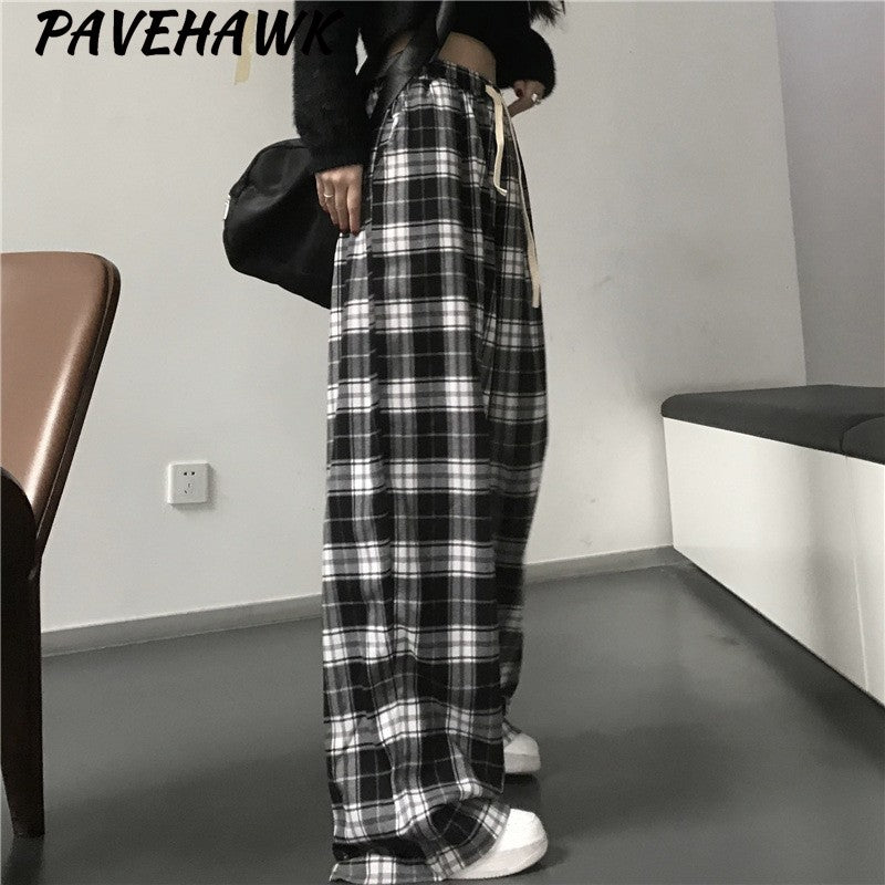 Women Black Plaid Wide Leg Pants Casual Hip Hop Elastic Waist Pockets Baggy Trousers Loose Vintage Y2K Sweatpants Streetwear