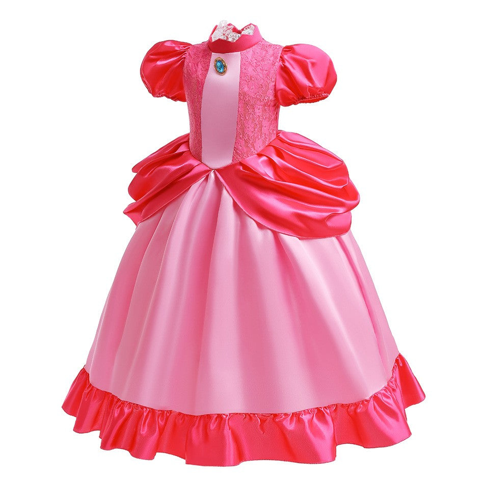 New 2026 Movie Inspired Lolita Princess Dress Super Plumber Bros's Friend Peach Costume Girls Pink Lace Frock Role Play Apparel
