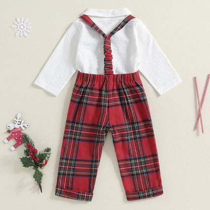 Baby Boy Gentleman Outfits Long Sleeve Lapel Romper + Plaid Suspender Pants + Bow Tie 3Pcs Sets Newborn Toddler Christmas Formal