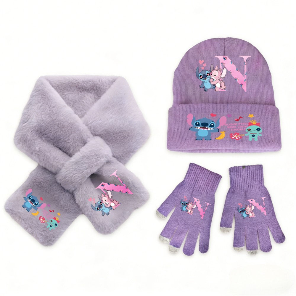 Conjunto Disney Anime Stitch 3 Peças Gorro Luva Cachecol Infantil Menina Quente Macio Tricô Inverno Acessórios Casuais Moda Presente de Aniversário Perfeito